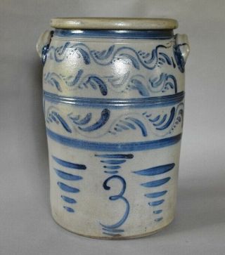 Rare Boughner 3 Gallon Freehand Blue - Gray Stoneware Western Pa Greensboro Crock