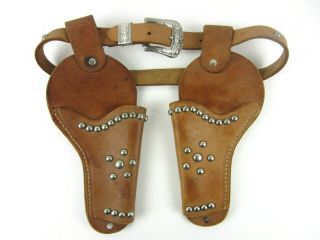 Vintage 1950s Tan Leather Double Cap Gun Holster/belt Set Studs