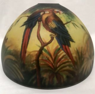 Vtg Reverse Painted Glass Lamp Shade Jungle Birds Parrots Globe - Handel Style