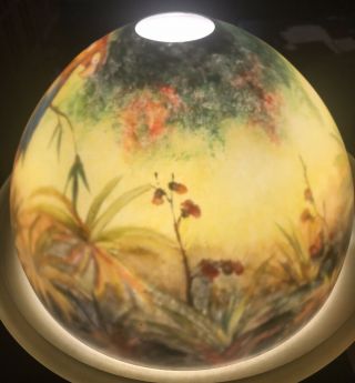 Vtg Reverse Painted Glass Lamp Shade Jungle Birds Parrots Globe - Handel style 4