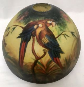 Vtg Reverse Painted Glass Lamp Shade Jungle Birds Parrots Globe - Handel style 8