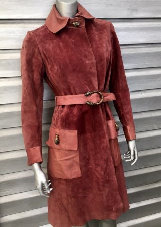 Gucci Vintage Runway Bordeaux Suede Belted Trench Duster Coat Jacket Rare