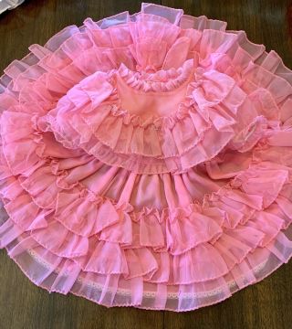 Vintage " Pazazz " Girls Bright Pink Sheer Nylon Full Circle Party Dress Ruffles