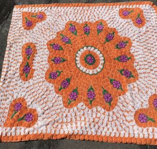 Vintage Orange Chenille Hearts/floral Bedspread Size 102 " X 93 "
