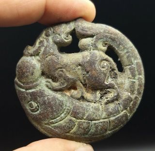 Ancinet Old Roman Bronze Round Amulet With Fish And Lion Cravedused