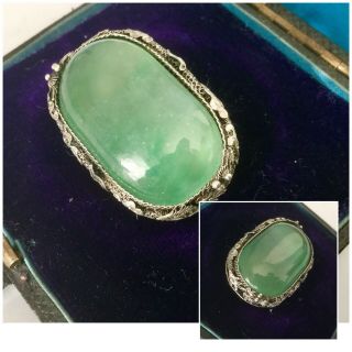 Vintage Art Deco Jewellery Chinese Silver Filigree Jade Cabochon Stone Brooch