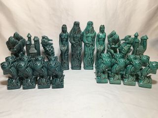 Gorgeous Blue/green/turquoise Glaze Extra Large Chess Set Mermaid Poseidon Vtg
