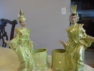 Gilner Balinese Siamese Siam Dancers Vintage Signed Chartreuse Planters T