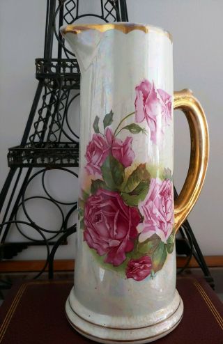 Vintage Antique Large Hand Painted Tankard Pitcher Vase,  Roses & Gold 13 "