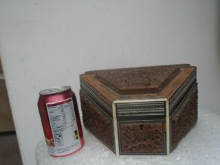 Antique Indian Sandalwood Organiser Box With Carved Panels With Deity