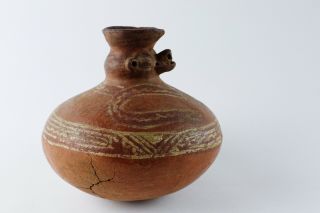 Pre Columbian Moche Jaguar Vessel Jar Slip Decorated Redware Peru 100 - 700 Ad