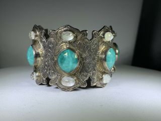 Rare Stephen Dweck Sterling Silver Engraved Jeweled Cuff Bracelet Wow