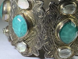Rare Stephen Dweck Sterling Silver Engraved Jeweled Cuff Bracelet Wow 6