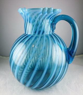 Blue Vintage Opalescent Swirl Glass Water Pitcher Ball Shaped Square Top