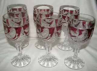 Vintage Hofbauer 6 Red Bird Byrdes Lead Crystal Wine Goblets 6.  5 "