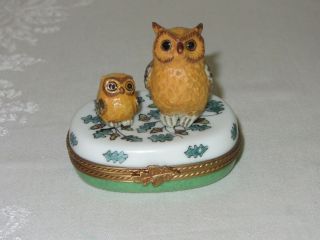 Limoges France Owl Porcelain Trinket Box Hinged Lid Owl Peint Main Vtg Figurine