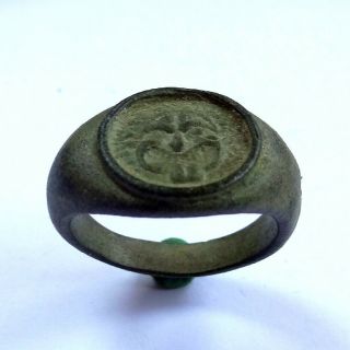 Greek Ancient Artifact Bronze Ring With Gorgon Medusa