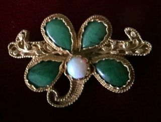 Vintage Estate Find 24k Yellow Gold,  Jade & Opal Floral Leaf Pin Brooch