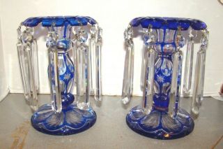 Vintage Bohemian Glass Cobalt Blue Cut To Clear Mantle Lusters Lustres