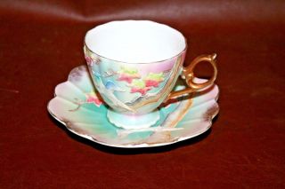 Vintage Unmarked Unusual Japanese Porcelain Pastel Blue Bird Decor Cup & Saucer