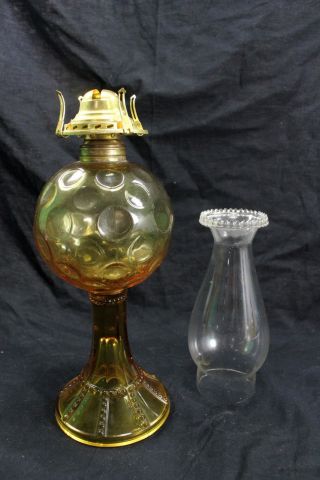 Antique Eapg Oil Lamp Amber Glass Beaded Panel Dot Font Unknown 16 "