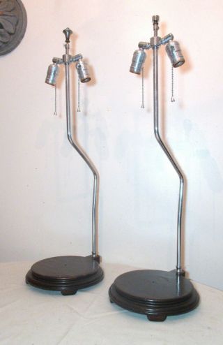 Large Pair 2 Vintage Mid Century Modern Chrome Wood Statue Electric Lamp Stand