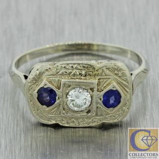 1920s Antique Art Deco 10k Solid White Gold.  35ctw Diamond Sapphire Ring