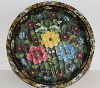 Vintage Hand Crafted Mexican Folk Art Toleware Wood Batea Bowl Plate Tray 15 "