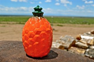Vintage Hazel Atlas Eames Era Orange Pineapple Jam Jelly Jar Milk Glass Lidded