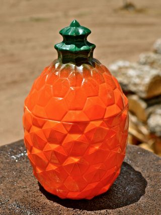 Vintage Hazel Atlas Eames Era Orange Pineapple Jam Jelly Jar Milk Glass Lidded 2