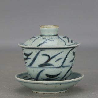 Chinese antique old hand - carved porcelain Blue & white covered cup c01 2