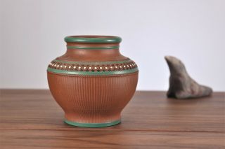 Antique Redware Pottery Jar Raised Design Green Enamel Prattware Neoclassical