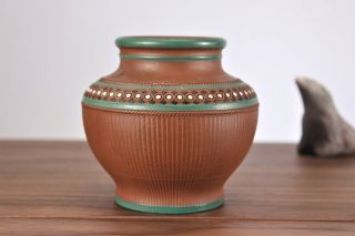 Antique Redware Pottery Jar Raised Design Green Enamel Prattware Neoclassical 2