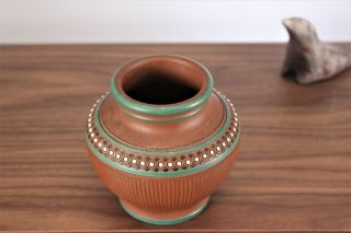 Antique Redware Pottery Jar Raised Design Green Enamel Prattware Neoclassical 3