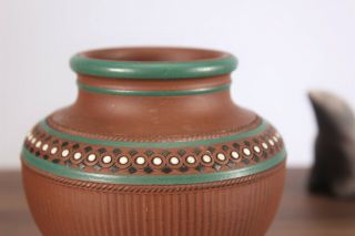 Antique Redware Pottery Jar Raised Design Green Enamel Prattware Neoclassical 5