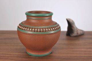 Antique Redware Pottery Jar Raised Design Green Enamel Prattware Neoclassical 6