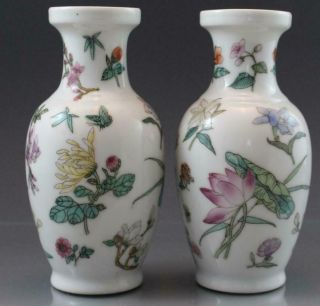 Pair Chinese Republic Period Porcelain Cabinet Vases W/ Flower & Butterfly Motif