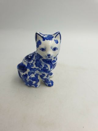 Chinese? Oriental Porcelain Small Blue White Sitting Cat Figurine Hand Painted