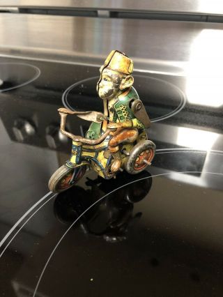 Old Monkey On Tricycle Wind Up Lithographed Toy Marked Us Zone Germany