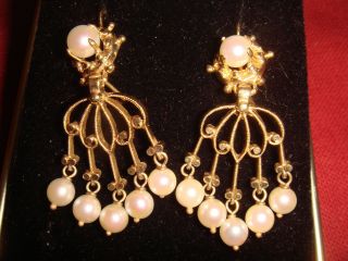 Antique Victorian 1 1/2 " 14kt Gold & Pearl Chandelier Dangle Earrings Signed