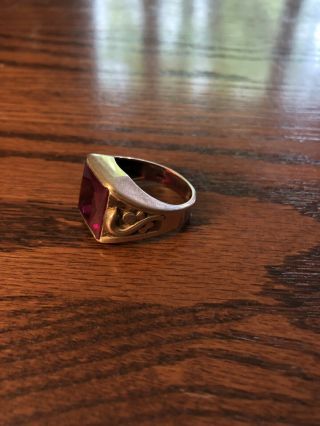 Vintage Men ' s 10k Gold Art Deco Ring With Red Stone Possibly Ruby 2
