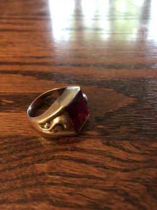 Vintage Men ' s 10k Gold Art Deco Ring With Red Stone Possibly Ruby 3