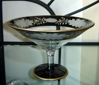 Antique Black/clear Etched Floral Glass Compote Bowl W/ Gold Trim (7 3/4 " Dia. )