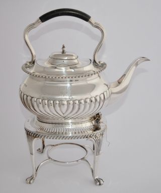 1,  293g Mappin & Webb Solid Sterling Silver Spirit Kettle On Stand - Half Fluted