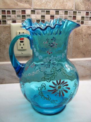 Antique Blown Glass Blue Lemonade Pitcher - Enamel Decor