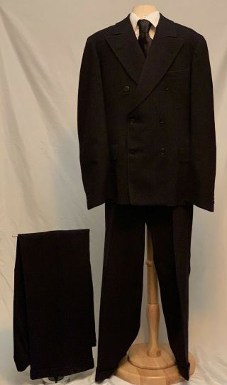 Vintage 1930s 3pc Black Pinstriped Double Breasted Wool Suit With Extra Pants