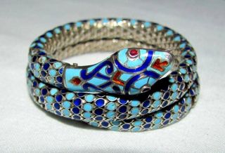 Antique Prussian Art Deco 935 Sterling Cloisonné Enamel Flexible Snake Bracelet