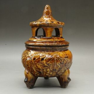 Chinese Old Hand - Carved Porcelain Yellow Glaze Three Foot Incense Burner D02
