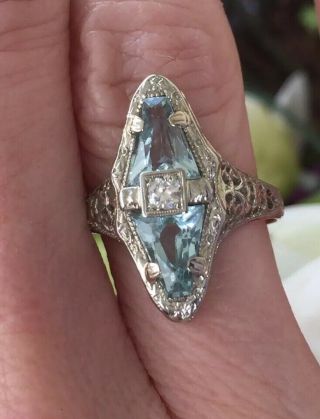 Art Deco Aquamarine And Diamond 14k White Gold Filigree Ring Size 6