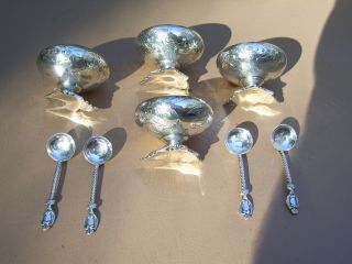 Rare Set Of Four Antique 1863 English Sterling Salts With Matching Spoons
